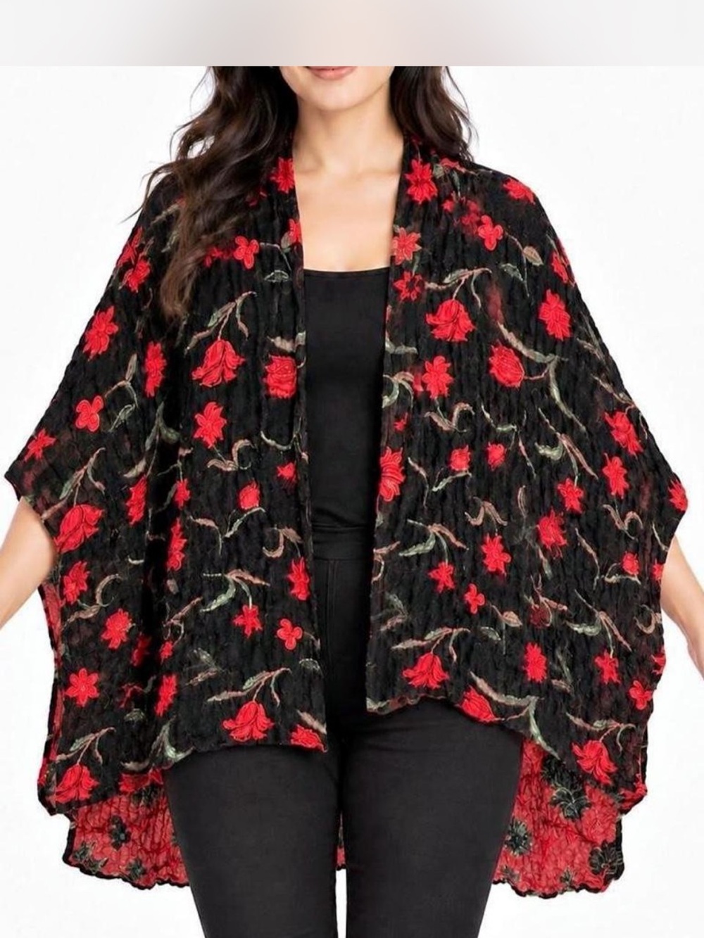 Floral Embroidered Black & Red Shawl